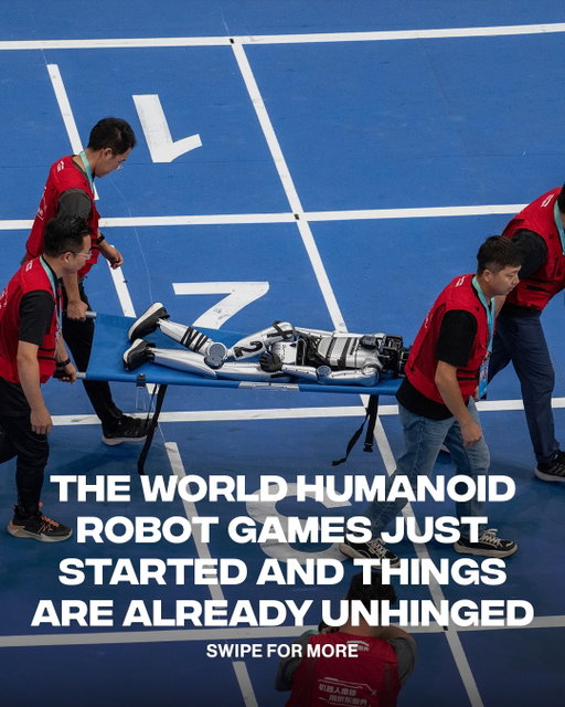The second slide 😭😭

The second annual World Humanoid Robot Games kicked off in Beijing this weekend with more than 2,000 robots competing across sports and real-world challenges. It’s already delivered plenty of chaos, from a robot beating Usain Bolt’s 100m time to others face-planting and crashing into walls. The event has grown significantly since its debut, jumping from roughly 500 participating robots last year to more than 2,000 this year.

(🎥: Getty)