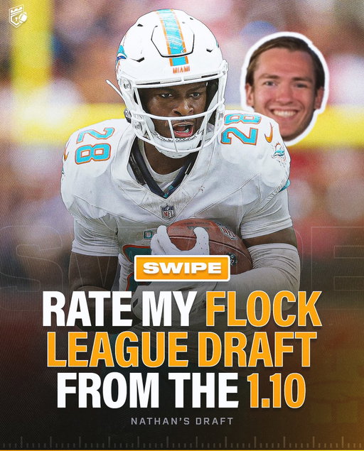 Rate Nathan’s Flock League Draft from the 1.10! 🔥

How did he do? 🤔

Follow @domainfantasyfootball for more Fantasy Football content!

1.10 - Chase Brown

2.03 - De’Von Achane

3.10 - Ladd McConkey

4.03 - Cam Skattebo

5.10 - Rome Odunze

6.03 - Marvin Harrison Jr.

7.10 - Makai Lemon

8.03 - Tucker Kraft

9.10 - Aaron Jones

10.03 - Deebo Samuel

11.10 - Tyler Allgeier

12.03 - Alvin Kamara

13.10 - Jared Goff

14.03 - Travis Kelce

15.10 - Jaylen Wright