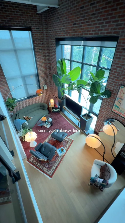 dnd 
•
•
#interiordesign #apartmentdecor #homedecor #homeinspo #homebody
•
•
mid-century modern | toronto interior | brick loft living | warm light | lived-in spaces | hard loft | tall ceilings | large windows | natural light | vintage furniture | statement lighting | plants | architectural details | open living | modern apartment | home atmosphere | interior styling | design focused | quiet spaces