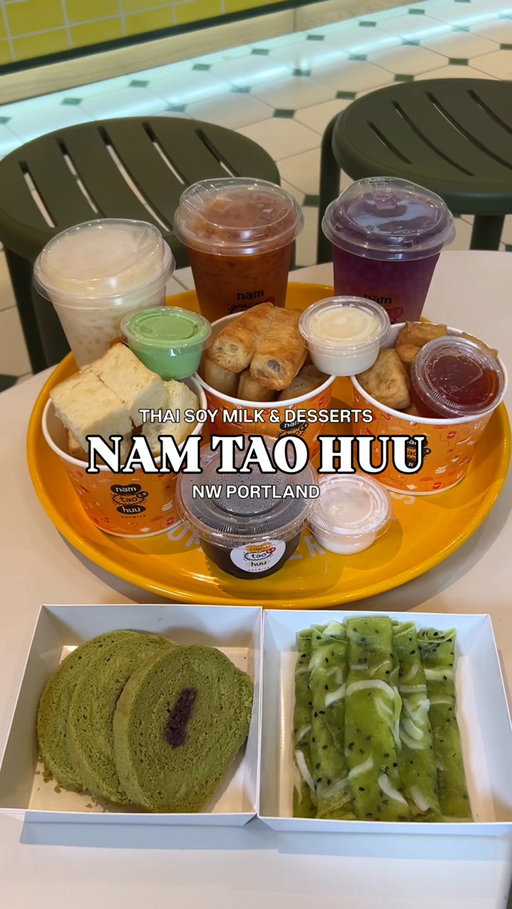 A small business worth trying, add Nam Tao Huu to your Portland dessert list! 💖

Nam Tao Huu is a Thai soy milk drink and dessert spot in NW Portland, inspired by the owner’s childhood memories of enjoying soy milk desserts at local markets in Thailand. 🇹🇭🥛 Everything is made fresh to order with their house-made soy milk, making it a great plant-based alternative!

We tried:
✧ Original Soy Milk
✧ Thai Tea with Soy Milk
✧ Butterfly Pea with Limeade
✧ Toasted Bread with Pandan Custard
✧ Chinese Donut with Condensed Milk
✧ Crispy Tofu with Sweet Chili Sauce
✧ Intanin Butterfly Pea
✧ Soft Pandan Coconut Rolls
✧ Matcha Red Bean Swiss Rolls

My favorite drinks were the original soy milk and Thai tea! The soy milk was surprisingly creamy and smooth with no gritty texture, and the Thai tea was perfectly balanced and not too sweet. 😮‍💨 The limeade was also super refreshing for summer!

For snacks, I loved the crispy tofu, Chinese donut, pandan coconut rolls, and Intanin Butterfly Pea dessert. ❤️ The Chinese donut with condensed milk reminded me of childhood, while the coconut rolls were chewy with a delicious pandan flavor. The Intanin was another favorite with its chewy texture and subtle jasmine floral notes! 💐

I’ve had this spot on my list for a while, and I’m so glad I finally stopped by. 🫶 The owner was also incredibly sweet and welcoming! Definitely check out Nam Tao Huu and support this lovely small business. 😊❤️

📍Nam Tao Huu | Portland, OR (NW) 
💸 $7+ per drink, around $8+ for snacks and desserts 

🏷️ #portlandeats #portlandfoodie #pdxeats #pdxfood #pdxfoodie nw portland • portland food • portland eats • pdx eats • soy milk desserts • desserts in portland