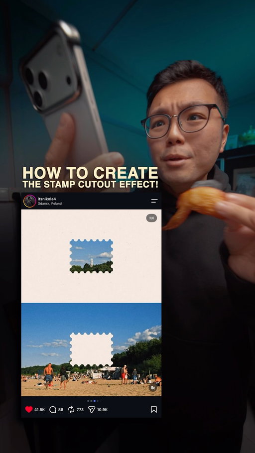 This is How To Create The Stamp Cutout Effect!
And here’s how you do it! ✂️

Comment the word “STAMP” 💌 to get the template for free.

1️⃣ Open Instagram Stories and tap Layout.
Change the grid and select the layout with 3 images.

2️⃣ Choose any photo you want and import the same image 3 times.

3️⃣ Head to your Photos app and open the stamp template.
Tap Share → Copy Photo.

4️⃣ Go back to Instagram Stories.
Add text and tap Paste to insert the template.

5️⃣ Resize and position the template so it perfectly covers the top two images.

6️⃣ Hit save and open the finished image in your gallery.

7️⃣ Simply crop away the bottom section.

Voila!
You get this viral stamp cutout effect!

Like and follow for more!

#filmmaking #editing #camera #tutorial #photography
