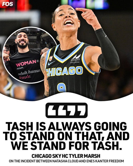 The Chicago Sky's coach is standing up for Natasha Cloud after former NBA player Enes Kanter Freedom was removed from Wintrust Arena following an altercation with the Sky star.⁠
⁠
After Cloud scored a layup late in the third quarter of Sunday’s game between the Sky and Fever, she appeared to say words toward the courtside baseline where Freedom was seated. Freedom stood up and put up his hands before he was quickly approached by arena security and escorted out of the court.⁠
⁠
Wintrust Arena fans, which included a mix of Fever and Sky supporters, mostly booed the former NBA player as he walked out.⁠
⁠
Freedom, an 11-year NBA veteran who last played in the NBA in 2022, arrived at the game wearing a shirt that read: “Woman noun. Adult human female.” He was briefly surrounded by security at the entryway of the Wintrust Arena before he was told to leave.⁠
⁠
“I’m supporting women, and that is the reason they are kicking me out. That’s unacceptable,” Freedom, 34, told security, as seen by FOS.⁠
⁠
Freedom has challenged the WNBA’s gender eligibility rule in recent weeks, claiming he will join the 2027 WNBA draft by identifying as a woman. Regarding gender eligibility, the WNBA collective bargaining agreement states in Article XIII Section 1 (a): “Only players who are women are eligible to play in the WNBA.” But the CBA does not include specific language around gender identity.⁠
⁠
More from @colinsalao, who was the ground, link in bio.