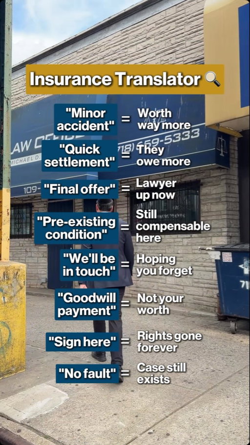 They have a language. Now you do too.

Every phrase an insurance adjuster uses was designed by people whose job is to pay you less. Knowing what those words actually mean is the first step to avoiding them.

The second step is calling us.

We handle car accidents, slip-and-falls, workplace injuries, and more across all 5 boroughs of New York City.

Free consultation: (516) 531-7833.