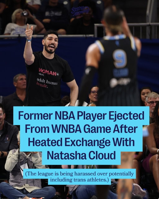 Enes Kanter Freedom was escorted out of a WNBA game after a heated exchange with a Chicago Sky player, Natasha Cloud. Kanter Freedom claimed he was removed for supporting women and mocked the booing crowd. The incident follows his recent announcement about wanting to play in the WNBA amid debates on transgender athletes in sports. 

📸: Getty Images / WNBA / @natashacloudfp