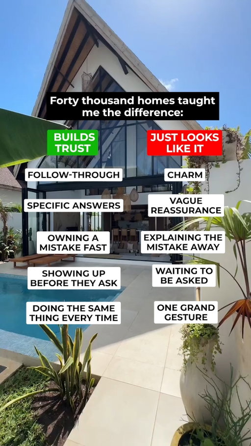 Forty thousand homes taught the difference. 

Managing thousands of properties reveals a clear truth: superficial polish will never substitute for reliable execution. Guests know when service is authentic versus when it’s just performative.

What actually builds trust versus what only looks like it:

- Builds Trust: Direct follow-through, specific answers, fast ownership of mistakes, showing up proactively, and doing the same thing right every single time.

- Just Looks Like It: Surface charm, vague reassurance, explaining mistakes away, waiting to be asked, and relying on one grand gesture.

Consistency in the daily details creates lifetime guest loyalty.

Bigger isn't the win. Better is.

Follow @steveschwab1971 for more hospitality and leadership insights.

#HospitalityLeadership #PropertyOwners #GuestSatisfaction