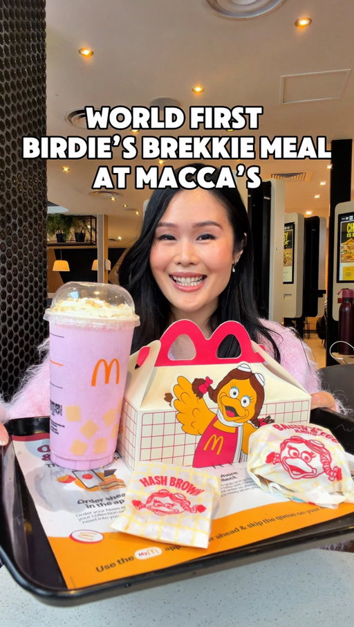 This is the WORLD-FIRST @mcdonaldsau Birdie’s Brekkie Meal in Australia! 💗

Birdie the Early Bird (one of the OG characters) is back with a new limited-edition Birdie’s Brekkie Meal, launching at Macca’s nationwide from Wed 26th August and Australia is the first country in the world to get it!

The meal comes with your choice of:
 💗 Birdie Sausage & Egg McMuffin
 💗 Birdie Bacon & Egg McMuffin
 💗 Birdie Chicken & Bacon McMuffin
 💗 Birdie Brekkie McWrap

Each one is topped with Birdie’s new pink and creamy Brekkie Signature Sauce, plus you’ll get a Hash Brown and the NEW Birdie Strawberry Shortcake Frappé 🍓 

It all comes in limited-edition diner-inspired Birdie packaging too!

Available for a limited time only!

#Maccas  #BirdiesBrekkieMeal #McDonaldsAustralia #birdiebrekkiemeal #mcdonaldsau