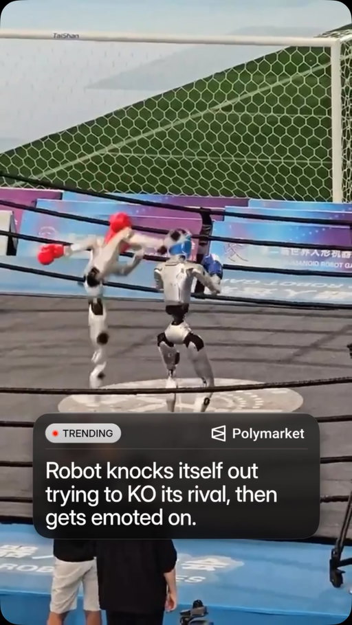 A viral moment from the World Humanoid Robot Games in China captured a red humanoid robot attempting a powerful spinning kick against a blue opponent — only to lose its balance and slam flat onto its back.

The mishap quickly spread across social media, offering a humorous glimpse at the challenges engineers still face in teaching humanoid robots to execute fast, complex movements while maintaining balance and coordination. 

The Games bring together robots from around the world to compete in events designed to test advances in mobility, artificial intelligence and human-like performance.

Traders predict a 4% chance Tesla will release a humanoid robot before 2027.