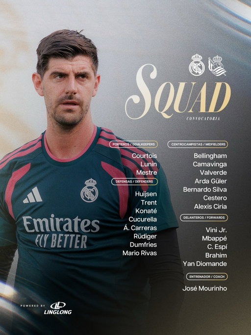 📋 Our squad for the match! 
✅ ¡Nuestros convocados! 
🆚 Real Sociedad 
@linglongtire | #RealMadridRealSociedad
