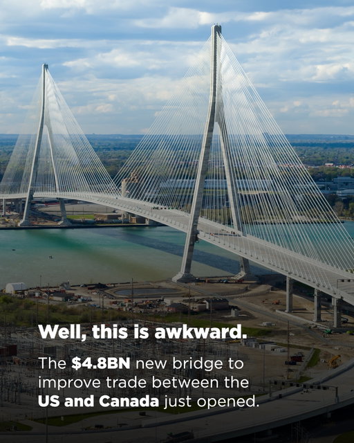 You couldn't write it. After years of construction, the mighty Gordie Howe International Bridge linking Canada and the US has found itself completing in the middle of a bitter trade war between the two nations. 

The impressive $4.8BN feat of engineering creates a new connection between Detroit in Michigan, and Windsor in Ontario, and establishes a major new crossing on one of North America’s most important trade corridors. The six-lane bridge is intended to improve freight capacity, ease pressure on the existing Ambassador Bridge and support the huge volume of goods moving between the two countries every day. But its opening comes as tariffs and political tensions strain the relationship between Washington and Ottawa. 

Even so, major infrastructure has a habit of outlasting the moment it arrives in. New York’s Empire State Building opened during the Great Depression, with vast amounts of office space sitting empty in its early years. It was mocked as the “Empty State Building” but went on to become one of the most successful and recognisable buildings in the world.

The Gordie Howe International Bridge may be opening at a difficult moment for US-Canada relations, but it was built for the decades ahead, not just the politics of today.

📷 Gordie Howe International Bridge 

#infrastructure #architecturelovers #construction #TheB1M #trade