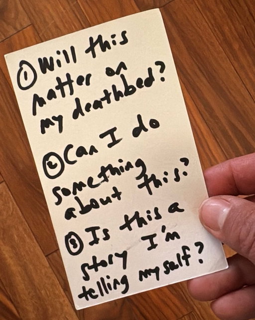 Three questions help crowbar my brain out of the dark place it sometimes wants to nestle into and help me tell myself a different story. ⠀
⠀
They are:
⠀
1. Will this matter on my deathbed?⠀
⠀
I find this question helpful no matter what story I’m telling myself.⠀
⠀
And it’s such an easy question to ask because the answer is almost always “No!”⠀
⠀
So you had a half-dozen fender benders. Are you okay? Will it matter on your deathbed? No. It won’t. So let it go today. ⠀
⠀
2. Can I do something about this?⠀
⠀
If you wet the bed as a kid and your father made you feel shame and you’re still carrying it around, then sure, there are things you can do about it: therapy, counseling, journaling, talking to a friend, sitting down to talk to your parents about it.⠀
⠀
Get it out of your system.⠀
⠀
But if you feel shame about your bipolar disorder or your miscarriage or your inability to grow a beard, well, you may not be able to change that thing. I’m not saying that solves the problem! I’m saying that remembering you can’t control them should help. Why? Because you’re off the hook. There’s nothing you can do. Now you can tell yourself a different story to help yourself⠀
move forward.⠀
⠀
3. Is this a story I’m telling myself?⠀
⠀
The key to this question is separating what we have from what we attach to it. It’s about finding the core fact and noticing that we’re just telling ourselves stories on top of it. “I have a birthmark on my face” is a lot different from “I’m disfigured with no chance of mating.” The first is a fact. The latter is a story. “I’m an alcoholic” is a lot different from “My family will never trust me.” “I failed my biology exam” is a lot different from “I failed my parents.”⠀
⠀
It doesn’t mean it’s easy.⠀
⠀
The three questions just mean that on our road to resilience we recognize there’s an opportunity to be kinder to ourselves and we’re able to use a few small tools to help us get there.