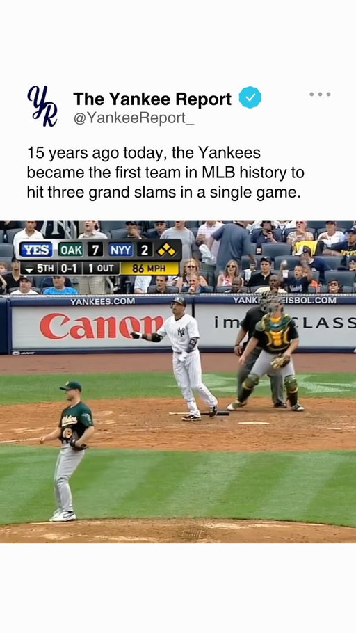 Fifteen years ago today the Yankees did something no team has ever done in the entire history of baseball, and nobody has done it since.

August 25, 2011. Yankee Stadium. A rain delay of an hour and a half, a last place A’s team that had already taken the first two games of the series, and a Yankees club trailing 7 to 1 and staring down a sweep.

Then the Bronx turned into a fireworks show.

Bottom of the 5th: Robinson Canó steps in against Rich Harden with the bases loaded and puts it in the seats. 7 to 6. Stadium wakes up.

Bottom of the 6th: bases loaded again, and Russell Martin gets Fautino De Los Santos. Yankees take their first lead of the night, 10 to 7. Martin already had a solo homer in this game. He finished 5 for 5 with a double, two homers and six RBI, all career highs.

Bottom of the 8th: bases loaded for the third time. Curtis Granderson, two outs, and he sends it out. History. Three grand slams in one game, the first and only time it has ever happened.

Here is the wild part almost nobody remembers. Granderson was involved in all three. He was standing on base for Canó’s slam, on base again for Martin’s, then hit the record breaker himself.

Final score: Yankees 22, Athletics 9. Twenty one hits. Twenty runs in the last four innings after being down six. And because the lead got so absurd, Jorge Posada talked Joe Girardi into letting him play second base in the 9th for the first time in 20 years. Perfect ending.

Four and a half hours of baseball. One record that has stood for 15 years.