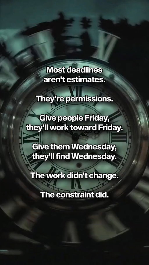 Stop giving work permission to take longer. 

Assigning a week to a task turns it into a week-long project. Assigning an afternoon turns it into an afternoon task.

The scope of work rarely changes, only the permission given to spend time on it.

- Longer Timelines: Encourage delay and overthinking.
- Short Timelines: Force clarity and rapid execution.

Set tighter boundaries and move faster.

Bigger isn't the win. Better is.

Follow @steveschwab1971 for more hospitality and leadership insights.

#HospitalityLeadership #PropertyOwners #WorkplaceEfficiency