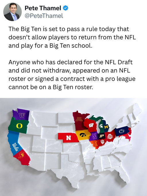 Is this progress??

Pete Thames is reporting that the Big Ten officials have met and are going to make an announcement soon that any player that has declared for the draft , appeared on an NFL roster, or signed a pro contract will not be able to return to College Football

This comes after we have seen a slew of players on the practice squad that are going to transfer back to a college after being on the professional football stage

Long gone are the days of CollegeFootball being amateur only with every team having millionaires and plenty of kids, reaching that status without having played a single down
