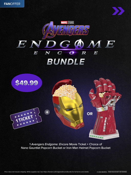 Avengers fans, assemble! 

Get the Endgame Encore Bundle featuring one movie ticket to experience Avengers Endgame: Encore on the big screen, plus your choice of one collectible popcorn bucket: the Iron Man Helmet or the Nano Gauntlet. Secure yours now at the link in bio!