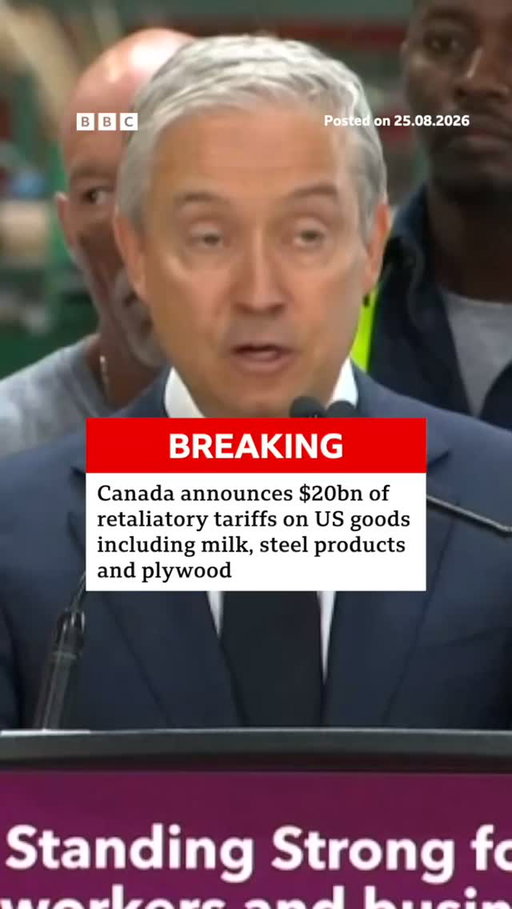 Canada has announced $20bn of retaliatory tariffs on US goods as a trade war between the two countries escalated.
 
The US announced a 50% tariff on a range of Canadian goods after trade talks collapsed at the weekend and US President Donald Trump further threatened to hike tariffs on Canadian vehicles to 50% from 1 January.
 
Canadian Prime Minister Mark Carney accused Trump of trying to "destroy" the country's auto industry - their relationship has deteriorated significantly.
 
Tap the link in @BBCNews’s bio to follow this developing story live.
 
#Canada #BBCNews