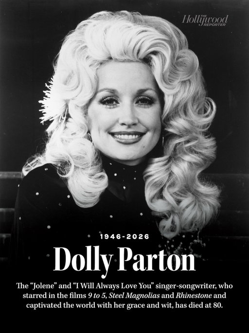 Dolly Parton, the irrepressible singer-songwriter, actress and entrepreneur who penned chart toppers such as “9 to 5” and turned her namesake Tennessee theme park Dollywood into one of the world’s top amusement destinations, died Tuesday. She was 80.

Parton died peacefully in Nashville, a rep announced.

She revealed in September that she was postponing a set of Las Vegas concerts to deal with “some health challenges.” THR reported days later that she would miss the Governors Awards, where she was to receive the prestigious Jean Hersholt Humanitarian Award in November, and she canceled scheduled Las Vegas residency dates for September in May. In the past few months, she put on a brave front, telling her fans that she was OK.

Her husband of nearly 58 years, businessman Carl Dean, died at age 82 on March 3, 2025.

Among her inescapable hit singles were three self-penned blockbusters — the haunting confessional “Jolene,” the workplace protest song “9 to 5” and the gentle 1974 ballad “I Will Always Love You,” which topped Billboard’s Country chart in 1974. 

Read more about Parton’s life and legacy at the link in bio.