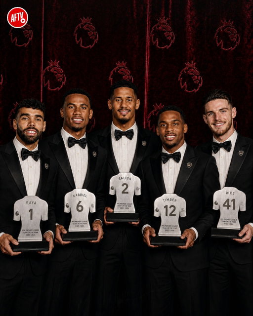 Congratulations to David Raya, Gabriel Magalhaes, William Saliba, Jurrien Timber and Declan Rice on their PFA Team of the Year inclusion! ⭐🔥

An outstanding season capped off with a Premier League trophy! 🏆🥳