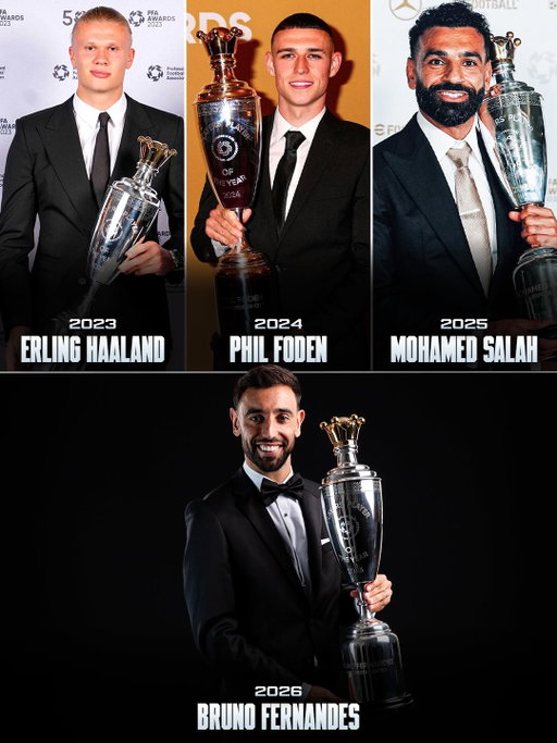 𝐎𝐍𝐋𝐘 𝐓𝐎𝐏 𝐏𝐋𝐀𝐘𝐄𝐑𝐒! 🌟

The latest winners of the PFA Players’ Player of the Year Award: 

🇳🇴🏆 Erling Haaland - 2023
🏴󠁧󠁢󠁥󠁮󠁧󠁿🏆 Phil Foden - 2024
🇪🇬🏆 Mohamed Salah - 2025
🇵🇹🏆 Bruno Fernandes - 2026 🆕

𝐖𝐡𝐨 𝐡𝐚𝐬 𝐛𝐞𝐞𝐧 𝐭𝐡𝐞 𝐛𝐞𝐬𝐭 𝐢𝐧 𝐫𝐞𝐜𝐞𝐧𝐭 𝐲𝐞𝐚𝐫𝐬? 👀
