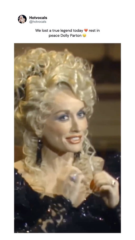 Dolly Parton didn’t just make music. She gave generations of people songs to grow up with, fall in love to, cry to, laugh to, and remember their lives by.
Today, we say goodbye to one of the greatest songwriters and performers the world has ever known. Dolly Parton has died at 80, leaving behind a musical legacy that is almost impossible to measure.
From the aching desperation of “Jolene” to the heartbreak and tenderness of “I Will Always Love You,” Dolly had a remarkable ability to take something deeply personal and make it feel universal. “Coat of Many Colors” turned a childhood memory into one of country music’s most enduring stories, while “9 to 5” became an anthem for working people everywhere.
And perhaps that is what made Dolly so special: her songs were never just hits. They were stories.
She wrote about heartbreak, poverty, ambition, family, faith, loneliness, love and hope, often drawing from the humble Tennessee upbringing that shaped her. Over a career spanning more than seven decades, she created a catalog of music that has touched generations.
“I Will Always Love You” became a piece of music history, first as Dolly’s own country hit and later through Whitney Houston’s unforgettable version. “Jolene” became one of the most recognizable songs ever written, its opening notes instantly recognizable decades after its release.
But Dolly’s influence never stopped with her own recordings. Her songs were constantly rediscovered, covered and passed down. Artists across country, pop and rock found something in her writing. Her voice was unmistakably Dolly, but her songs belonged to everyone who heard themselves somewhere inside them.
There will never be another Dolly Parton.
Her voice may be gone, but the songs remain — finding new listeners and new generations, just as they always have.
Thank you, Dolly, for the music. 🤍
Rest easy, legend.
#dollyparton