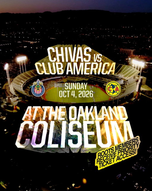 🚨 IT'S OFFICIAL 🚨

@chivas vs. @clubamerica is coming to the Oakland Coliseum!

This match wouldn't be happening without Oakland Roots SC's investment to bring soccer back to the Oakland Coliseum. In partnership with @ptimesports.

Season Ticket Members get presale access starting Thursday, August 27. Tickets to the public will be available Friday, August 28. Gain access to the presale by securing your Coliseum Countdown Pack.

Learn More: bit.ly/26intfriendly

Coliseum Countdown Pack: bit.ly/26cntdwnpackmeta

#ConoceTusRaíces