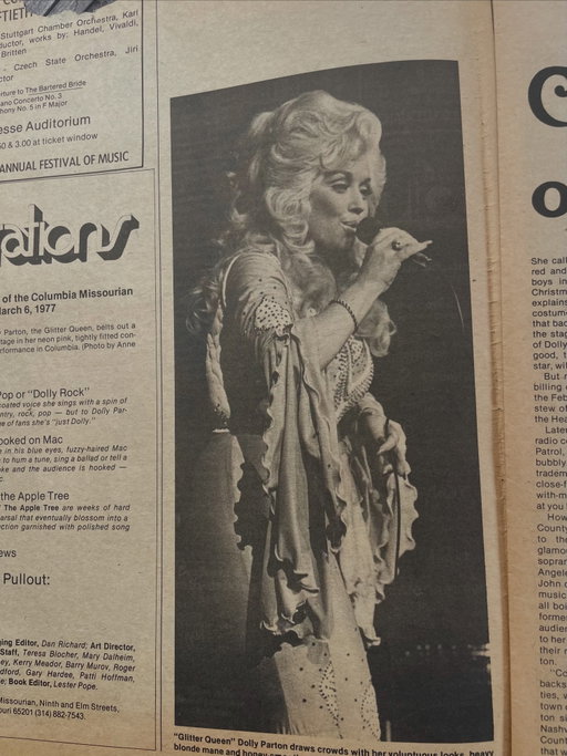 Dolly Parton, captured by my mother-in-law, Anne, as a senior photojournalism student in 1977.

Shared with permission, in honor of the Queen of Country. 💗