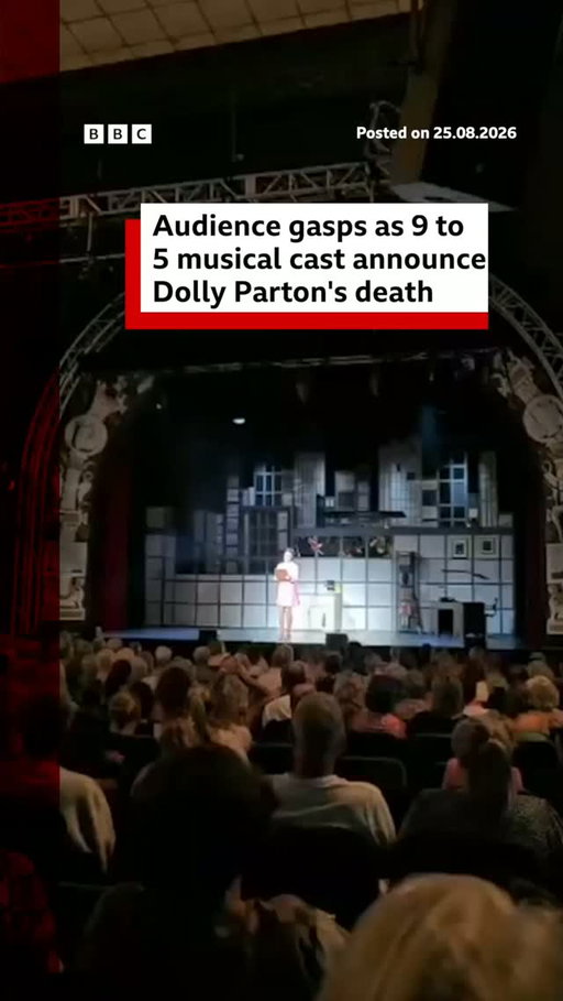 Audience members let out gasps of shock when a cast member of 9 to 5 The Musical announced the death of country music legend Dolly Parton on Tuesday night.
 
Actress Karla Tracey, who plays the same part Dolly played in the film, spoke on behalf of the cast and crew - paying tribute to the music icon before their performance.
 
Tap the link in @BBCNews's bio to read tributes to the legendary singer.
 
#DollyParton #BBCNews