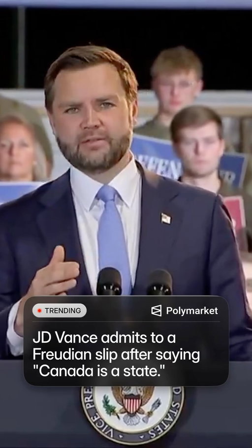Vice President J.D. Vance called Canada a “state” during a political event in Maine on Monday, then immediately said it was an accident, joking that it was a “Freudian slip.”

The remark came as tensions between Washington and Ottawa continue to rise over trade.

Vance went on to argue that Canada has underinvested in its military and depends heavily on U.S. protection, while President Donald Trump has repeatedly referred to Canada as the “51st state” and previously called Prime Minister Mark Carney the country’s “future governor.”

Traders predict a 24% chance Trump will rename Lake Ontario to “Lake America” this year.