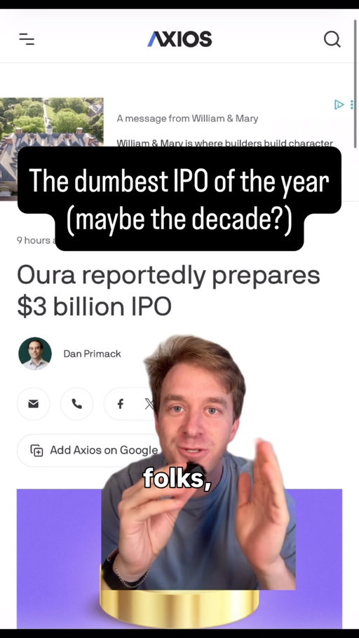 Bonus video because I actually can’t believe this. We have lost the plot. My mom loves her oura ring and I love my whoop, but just because the product is reasonably good doesn’t mean the public market will value it. They won’t. If they could, they would sell to a private equity firm and LBO, take cash out and put executives on an earn out but they can’t.
