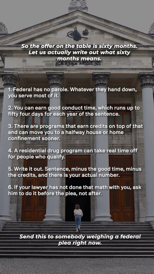 A 60-month federal sentence doesn't necessarily mean 60 months in custody. Good-conduct time and certain programs or credits may affect how someone serves a sentence, depending on eligibility and current federal rules.

Before accepting a federal plea, make sure you understand the real sentencing picture—not just the headline number.

Send this to someone weighing a federal plea.

#FederalSentencing #FederalCriminalDefense #FederalLaw #PleaDeal #CriminalDefense #FederalCases #KeithAndLorfing