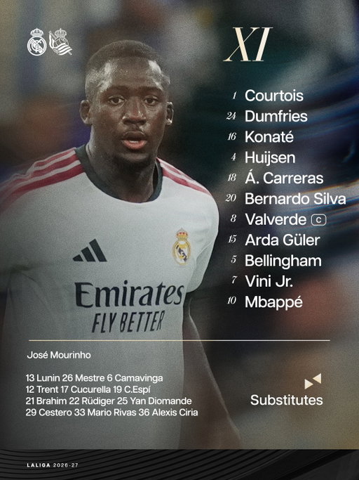 📋 Our starting XI!
✅ ¡Nuestro XI inicial!
🆚 Real Sociedad
#RealMadridRealSociedad
