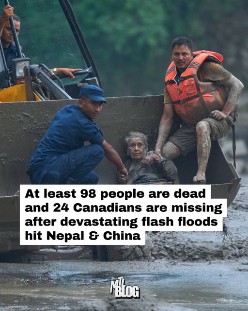 24 Canadians are among the hundreds of people missing after devastating flash floods hit a border area of Nepal and China Wednesday morning, killing at least 98 people. 

In Nepal alone, 403 people were reported missing, including 341 foreign nationals, with many travelling through an area frequented by tourists and pilgrims headed to Mount Kailash in Tibet.

Roads were destroyed, buildings were buried and entire villages were flooded as water levels at one point on the Trishuli River rose by as much as 9 m in just 30 minutes. Climate experts say a massive avalanche from a nearby glacier likely caused the disaster.

Everything else we know so far at the link in the @mtlblog bio.

📸: Niranjan Shrestha | AP