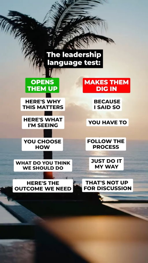 Take the leadership language test. 

Word choice directly dictates whether a team collaborates or resists. Shifting everyday communication from rigid mandates to outcome-driven dialogue builds deeper ownership and operational success.

To pass the communication test:

1. Explain the purpose: Focus on why the goal matters before giving direction.
2. Grant execution autonomy: Allow team members to choose their own path to the target outcome.
3. Invite dialogue: Ask for team perspective instead of shutting down discussion.

Effective leaders guide through clarity, not control.

Bigger isn't the win. Better is.

Follow @steveschwab1971 for more hospitality and leadership insights.

#FoundersMindset #TeamAutonomy #OperationalExcellence #PropertyManagement