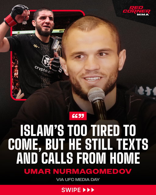 Umar Nurmagomedov says Islam Makhachev had too much traveling after his hard fight to corner him in Shanghai, but he still makes time to text and call Umar, showing his support from home:

“I think he was on a long trip. It was a hard fight, and that’s why he went home. But even from home, he texts me, calls me, asks how I feel, and I feel his support. Sometimes you’re too tired with everything, and you have to rest.”

VIa @ufc