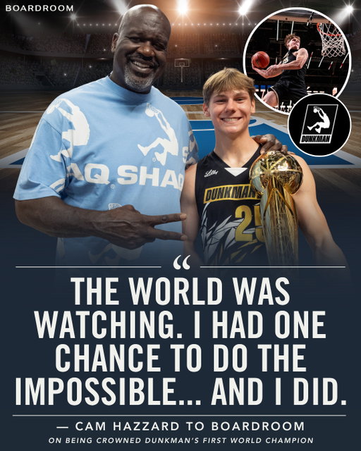 Shaquille O’Neal’s DUNKMAN has crowned Cam Hazzard as the first world champion in league history.⁠
⁠
The 21-year-old Texas native, triple finance major and 4.0 student recorded DUNKMAN’s highest score ever before clinching the title with a tomahawk 360 powered by a 47-inch vertical.⁠
⁠
Hazzard emerged from an eight-dunker field in Atlanta to take home the championship and $500,000 grand prize.⁠
⁠
(🎥: @authentic)