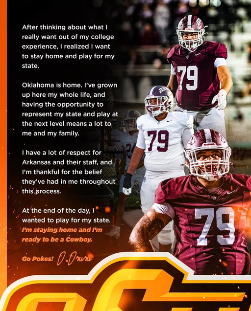BREAKING 🚨🚨🚨: Oklahoma State  flips  6’6 310 Pound Jenks (OK) four-star OL Odaefe Oruru who had committed to Arkansas.