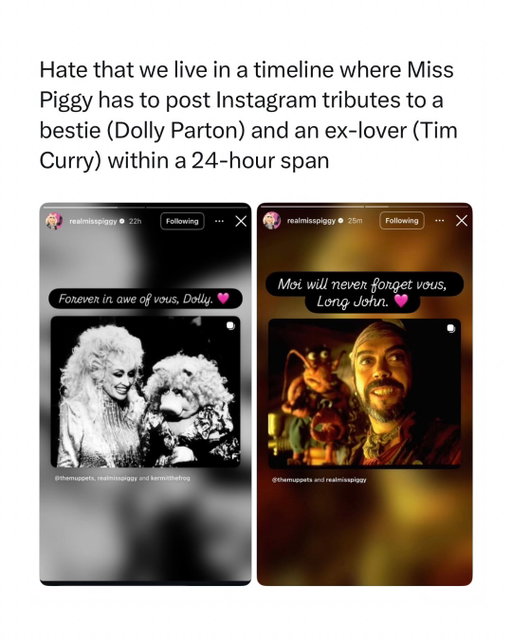 Miss Piggy having to mourn a bestie and a fictional ex in the same 24 hours is an insane emotional workload 😭

After Dolly Parton and Tim Curry both died at 80, the Muppets’ official accounts shared tributes to each of them. Dolly had a long history with the Muppets, including appearances alongside Kermit and Miss Piggy, while Curry became an honorary Muppet after starring as Long John Silver in Muppet Treasure Island. He also had a long-running joke that Miss Piggy was the great love of his life. 

It’s such a strangely specific kind of grief to imagine Miss Piggy opening Instagram twice in one day like “oh absolutely not.” One tribute for a glamorous country legend she adored, another for the man who once claimed her as his great love. Somebody please take her phone away and give her a quiet weekend.