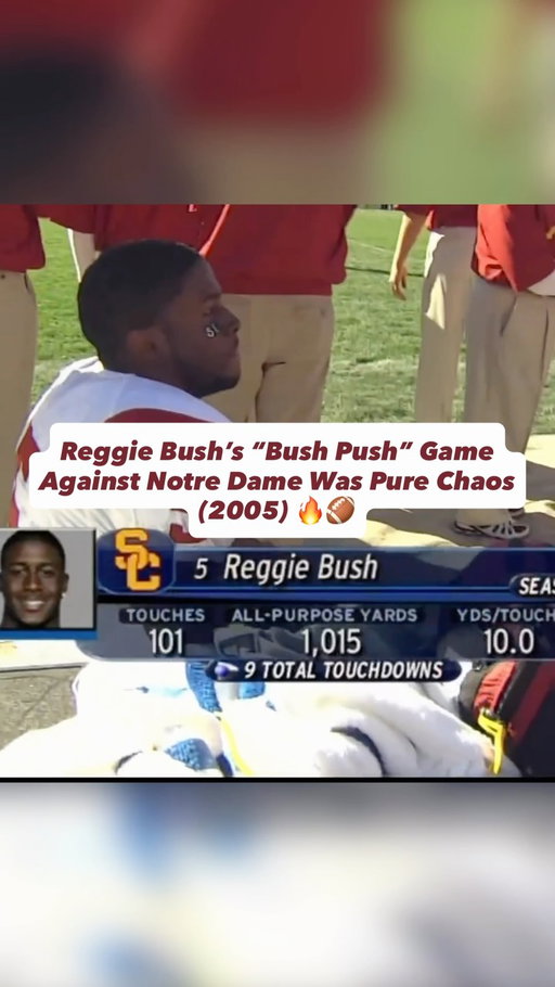 South Bend was ready to bury USC then @reggiebush turned the rivalry into his personal highlight reel. ⚡️ On October 15, 2005, No. 1 USC brought its 27-game winning streak into Notre Dame Stadium for a heavyweight showdown with the No. 9 Fighting Irish. Notre Dame broke out the green jerseys, controlled possession and carried a 21–14 lead into halftime, but Bush refused to let the Trojans fall. He exploded for touchdown runs of 36, 45 and nine yards, attacking the interior gaps, bursting off left tackle and beating defenders around the edge. His combination of patience, violent jump-cuts, instant acceleration and open-field creativity overwhelmed Notre Dame’s run fits. Bush finished with 15 carries for 160 yards and three touchdowns, four catches for 35 yards and 265 all-purpose yards averaging an outrageous 10.7 yards per carry.

After Brady Quinn gave Notre Dame a 31–28 lead with 2:04 remaining, USC’s dynasty was one play from ending. Facing fourth-and-nine from its own 26, Matt Leinart and Dwayne Jarrett defeated Notre Dame’s man-pressure call for a 61-yard completion. USC eventually reached the one-yard line with seven seconds remaining and no timeouts. Leinart called his own number, got stopped at the goal line and Bush launched into his quarterback’s back, driving him across for the winning touchdown with three seconds left. USC escaped 34–31, its winning streak reached 28 games, and the most unforgettable assist in college football history became known forever as the “Bush Push.” The shove created the name, but Bush’s 160 rushing yards, three touchdowns and game-breaking running style created the opportunity. 

.
.
#usctrojans #reggiebush #collegefootball #heisman #usc