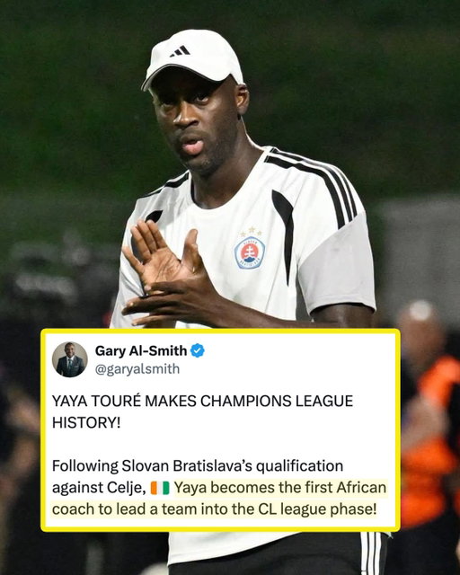 HISTORY FOR YAYA TOURÉ 👏

The Ivorian became the first African manager of a team in the league phase of the UEFA Champions League on Wednesday, after guiding Slovan Bratislava through a qualifying playoff with NK Celje 🙌

He follows Ndubuisi Egbo, who coached Tirana in Champions League qualifying but didn’t reach the group stage. 

Touré’s senior managerial career is off to a fast start, as he has the eight-time reigning Slovakian champions unbeaten through 10 matches 😮

Under Touré, the Sky Blues have reached the league or group stage for just the second time in their history. They finished 35th in the 36-team league two seasons ago — just how high can Touré take them?