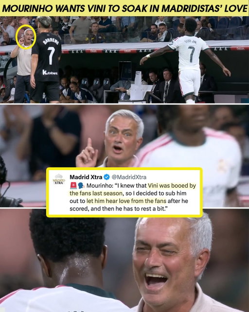 VIBES HIGH IN MOURINHO’S MADRID 🤍

The Real Madrid manager said he substituted off Vinícius Júnior during a 4-1 win over Real Sociedad so the Brazilian winger could soak in the fans’ applause after supporters repeatedly booed him last season.

Viní scored his first goal of the season in the win, and shared a laugh with his new manager as he made his way to the bench 😆