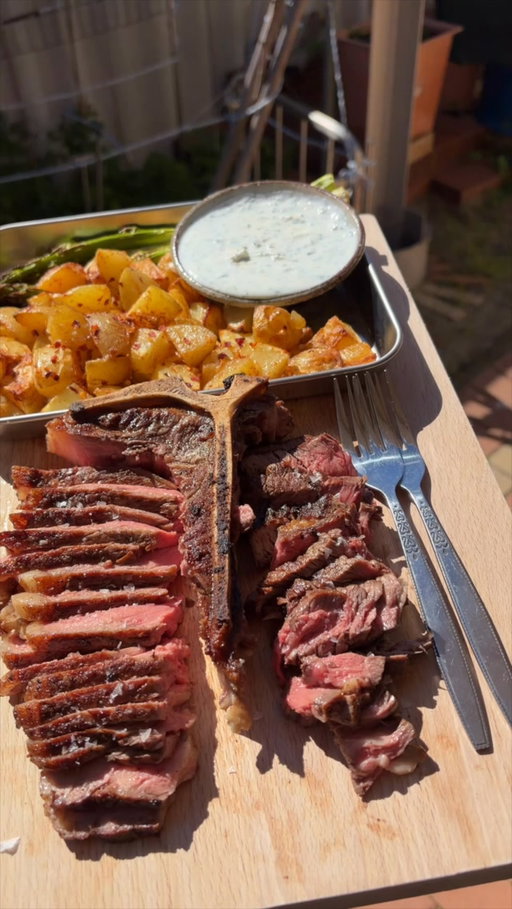 GrillFather status: unlocked. Thanks, @colessupermarkets for having everything I need to celebrate Father’s Day. #ad

Recipe: 

Steak
- 2 Australian Beef, The GrillFather T-bone Steaks from @colessupermarkets 
- 2 tsp ground sumac
- 1 tsp ground cumin
- 1 tsp chilli flakes, optional 
- 3 garlic cloves, crushed
- 3 tbsp olive oil
- 2 tbsp butter
- 1½ tsp salt
- 1 tsp black pepper, optional

Potatoes
- 800g potatoes, halved
- 2 tbsp olive oil
- 1 tsp ground cumin
- 1 tsp paprika
- pinch of salt & pepper

Yoghurt Sauce

- ½ cup plain yoghurt
- ½ lemon, juiced
- 1 garlic clove, grated
- 2 tbsp parsley, chopped
- ¼ tsp salt & pepper

Asparagus
- 1 bunch asparagus, trimmed
- 1 tbsp olive oil
- ½ tsp ground sumac
- ½ lemon, juiced - to finish 

1. Rub the T-bone Steaks with olive oil, then coat with sumac, cumin, chilli flakes (optional), garlic, salt and pepper (optional). Rest at room temperature for 20–30 minutes.
2. Toss potatoes with olive oil, cumin, paprika, salt and pepper. Roast at 200°C for 25–30 minutes.
3. Mix yoghurt, lemon juice, garlic, parsley, salt and pepper. Set aside.
4. Push the potatoes aside, toss asparagus with olive oil, add to the tray, and roast a further 8–10 minutes until blistered. You can also put on broil for 5 minutes. 
5. Heat a heavy pan or grill until very hot. Sear the steaks 2–3 minutes per side until deeply browned and butter baste. 
6. Transfer to a wire rack on a tray (or oven-safe pan) at 200°C. Cook to your preferred doneness, pulling a few degrees before target:
Rare: pull at 46–48°C
Medium-rare: pull at 50–53°C
Medium: pull at 56–59°C
Well done: pull at 64°C+
7. Rest the steaks for 8–10 minutes
8. Squeeze lemon and sprinkle sumac over the asparagus
9. Slice the steak and serve with the roast potatoes and yoghurt sauce.
#Ad #FathersDay #Coles