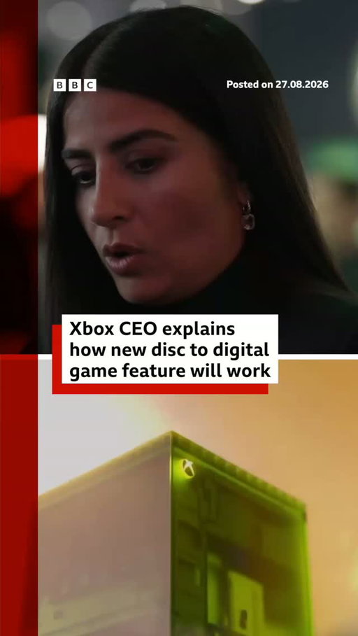Xbox's CEO Asha Sharma has explained how their new disc to digital feature will work after it was formally announced at Gamescom 2026, after weeks of speculation.
 
Selected titles will soon prompt Xbox users with a digital licence which will enable them to play the physical game they bought on their Xbox accounts, without the need to keep inserting the disc every time they want to play.
 
Sharma told the BBC that she knows how much "players love physical media".
 
Tap the link in @BBCNews's bio to read more about what Sharma thinks about the computing prices "crisis".
 
#Xbox #BBCNews