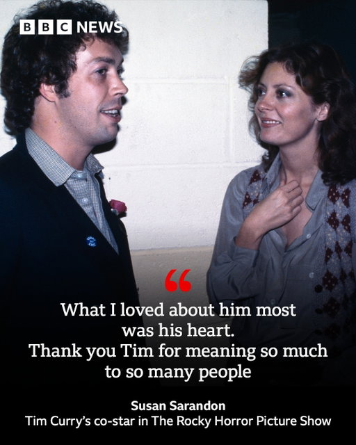 Stars of stage and screen have paid tribute to cult British actor Tim Curry, who has died at the age of 80.
 
Curry, who was born in the north-western English town of Warrington in 1946, passed away peacefully at his home in Los Angeles on Tuesday, said his manager. 
 
In a career spanning six decades, the prolific actor left his mark on both theatre and film, ranging from Home Alone 2 and Annie to Stephen King's It.
 
Tap the link in @BBCNews's bio to read more from his former co-stars. 
 
(📸 Getty)
 
#TimCurry #BBCNews