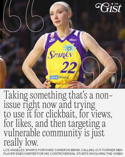 Mic drop 🎤 @cameronbrink22 ⁣
⁣
There's been a lot of… noise surrounding the 2026 WNBA season, and Los Angeles Sparks forward Cameron Brink is calling out those fueling it. 👀⁣
⁣
"I think [trans athletes in the WNBA] is a non-issue and it’s people trying to just come for the trans community, and I just don’t stand for that," Brink told The Mirror's Jarrod Castillo. 🙌⁣
⁣
"I don’t even know what the f*** his name is, he's a stupid piece of s***. And I think a lot of people think that, and I think he’s just trying to stay relevant." 👏⁣
⁣
(c/o @jay_castle04) ⁣
⁣
#womenssports #basketball #wnba
