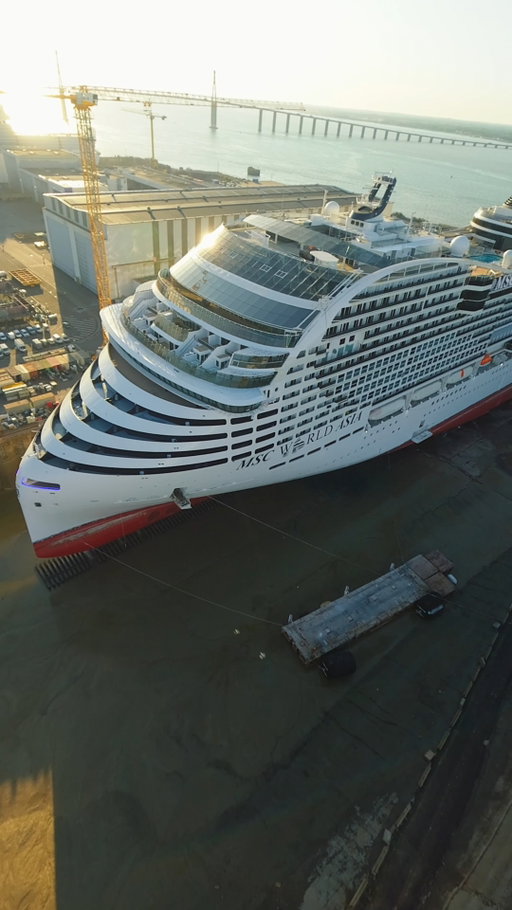 Yesterday, you saw the build. Today, you see the scale. 🌅

📍 MSC World Asia, Chantiers de l'Atlantique, Saint-Nazaire

One sunrise. One continuous flight from above the yard, down into the dry dock, beneath the hull, through the propeller and out to the full aft of MSC World Asia. A perspective on a flagship that most will never see, from an angle that makes the scale impossible to ignore. She is almost ready.

#MSCCruises #MSCWorldAsia