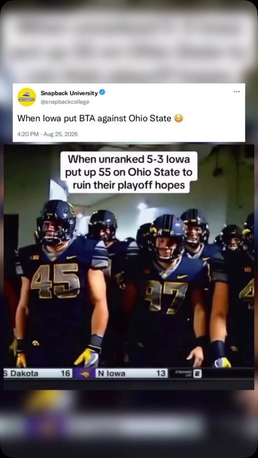 Iowa put an absolute beat down on Ohio State! 😳

On November 4, 2017, the Iowa Hawkeyes stunned the college football world by routing No. 3 (or No. 6, depending on the poll) Ohio State 55-24 at Kinnick Stadium, handing Urban Meyer the most points allowed in his Buckeyes tenure and effectively ending Ohio State’s College Football Playoff hopes that season. 

Nate Stanley threw five touchdown passes—four to tight ends including Noah Fant and T.J. Hockenson—while the Hawkeyes’ defense intercepted JT Barrett four times (including a pick-six by Amani Hooker on the first play), as Iowa amassed 487 yards of offense in a blackout-atmosphere blowout that made the 20-point underdogs bowl-eligible and left the Buckeyes reeling at 7-2.​​​​​​​​​​​​​​​​​​​​​​​​​​​​​​​​​​​​​​​​​​​​​​​​​​

#cfb #collegefootball #iowahawkeyes #fyp