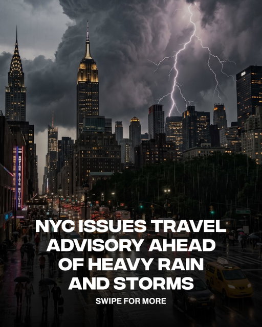 New York City is under a travel advisory as heavy rain and possible flooding are expected today.

NYC Emergency Management says a Flood Watch is in effect from noon through 11 p.m., with heavy rain and thunderstorms expected this afternoon and evening. Some areas could see flash flooding and strong winds, and residents are being warned to avoid flooded roads and allow extra time for travel.

(via @nycemergencymgt )