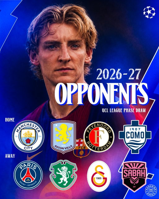 🚨🚨🌕| 𝐁𝐑𝐄𝐀𝐊𝐈𝐍𝐆: FC Barcelona’s opponents in the UCL League phase:

- Manchester City
- PSG
- Aston Villa
- Sporting CP
- Feyenoord
- Galatasaray
- Como
- Sabah FK

𝐓𝐇𝐎𝐔𝐆𝐇𝐓𝐒 𝐎𝐍 𝐁𝐀𝐑𝐂𝐀’𝐒 𝐔𝐂𝐋 𝐃𝐑𝐀𝐖? 👀🗳️🏆