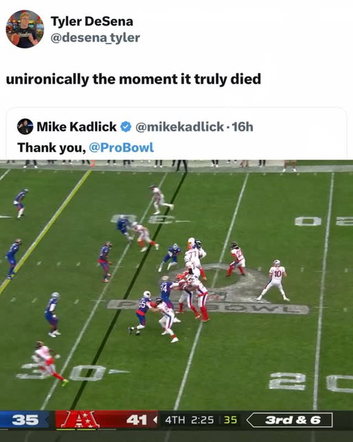 Mac Jones griddying was the moment the Pro Bowl died 💀

The NFL announced yesterday that it is ending the Pro Bowl after 75 years, eliminating the all-star game (including the recent flag-football format) due to declining quality, viewership, and player interest.

Eighty-eight players will still be named Pro Bowlers through the usual voting process and honored at a February celebration in Los Angeles, but no alternates will be selected and no competitive event will be held.

(via @nfl)
