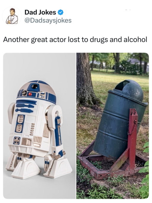 R2-D2 is the small astromech droid from Star Wars who assists characters like Anakin Skywalker, Luke Skywalker, and Princess Leia. He can repair starships, hack computer systems, project holograms, store important data, and somehow communicate entire emotional speeches using only beeps and whistles.

What makes R2-D2 iconic is that he is basically the galaxy’s most competent employee. Everyone else is arguing about destiny, politics, and the Force while R2 quietly opens the locked door, fixes the ship, saves the mission, and then gets rolled into the background like none of it happened.

Like this content? Follow us for more @dadsaysjokes ❤️