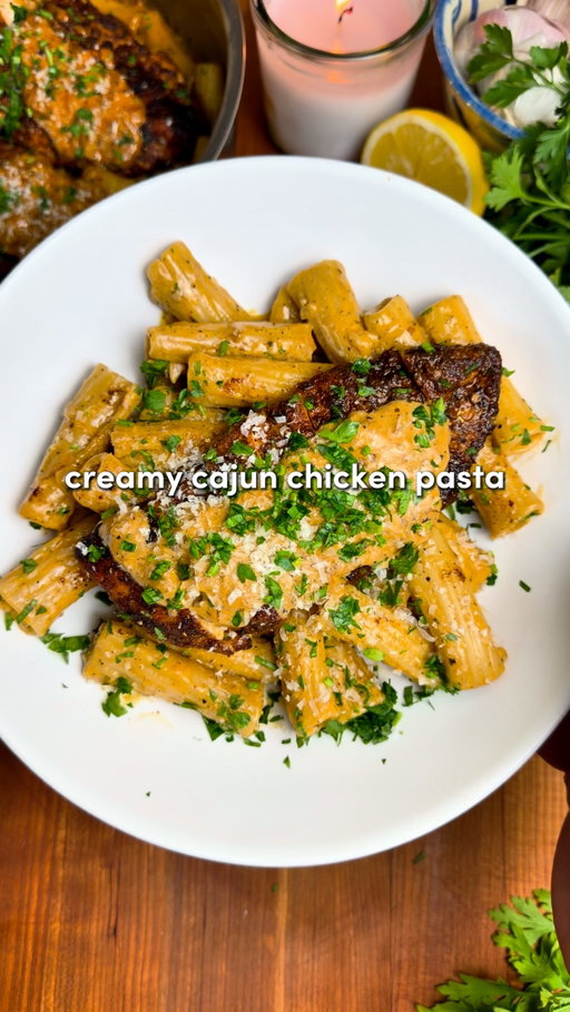 Creamy Cajun Chicken Pasta 🔥

Comment “Recipe” and I’ll send you the full recipe card for free!!

One-pot & ready in under 20 minutes… juicy cajun chicken served with the creamiest garlic parmesan sauce 🤤

If there is one piece of cookware you need in your kitchen, it’s gotta be the @madein Saucier!  I’ve been using @madein for a long time and the Saucier is my favorite piece to cook with… it can do everything your sauce pan can do, but better! 

If you’re looking to upgrade your cookware, I linked my favorite @madein pieces in my bio. #MadeInPartner

For the Chicken:
 -2 large chicken breasts, flattened
 -Seasoning: 1 tbsp paprika, 2 tsp garlic powder, 2 tsp onion powder, 2 tsp Italian seasoning, 2 tsp salt, 2 tsp black pepper, 1–2 tsp cayenne pepper (optional)
 -1 tbsp olive oil
For the Pasta & Sauce:
 -8 oz (225 g) rigatoni
 -3 tbsp butter
 -1 large shallot, finely diced
 -6–8 garlic cloves, minced
 -1 cup heavy cream, room temperature
 -Seasoning: 1 tsp chicken bouillon powder, 1 tsp paprika, 1 tsp garlic powder, 1 tsp Italian seasoning, 1 tsp black pepper
 -3/4 cup freshly grated Parmesan (please use fresh!)
 -1/2 cup pasta water, as needed (aka liquid gold)

Instructions:
1. Pat the chicken dry & pound to an even thickness. Coat with 1 tbsp olive oil, then season on both sides.
2. Boil the pasta in salted water until just shy of al dente. Save at least 1/2 cup pasta water before draining (‼️). Set pasta aside.
3. Heat a large pan or pot over medium heat for a few mins. Add 2 tbsp olive oil, increase to medium-high, add the chicken. Sear for 3–4 mins per side until golden, then reduce heat if needed and cook through. Set aside to rest.
4. Reduce heat to medium. In the same pan, melt the butter, scraping up all that fond. Add the shallot & cook for 5 mins, add the garlic, cook for 1 more min.
5. Reduce heat to medium-low, slowly pour in the cream. Add the seasonings & simmer for 2–3 mins. Reduce heat to low, add the parmesan & stir until smooth.
6. Add the pasta & 1/4 cup pasta water, toss over low heat for 1–2 mins until the sauce is silky. Add more pasta water as needed. Slice the chicken, add it on top, and finish with more parm and fresh parsley!